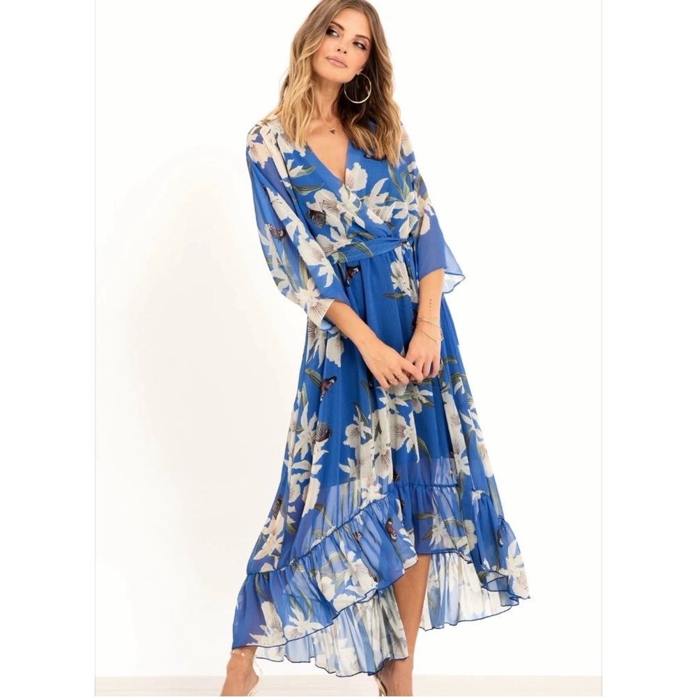 Urban Touch NWT Yumi Blue Floral Print Kimono Midi Wrap Dress Size 18 - Picture 2 of 11
